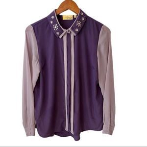 Vera Wang Princess Semi Sheer Long Sleeve Jeweled Collar Blouse Top